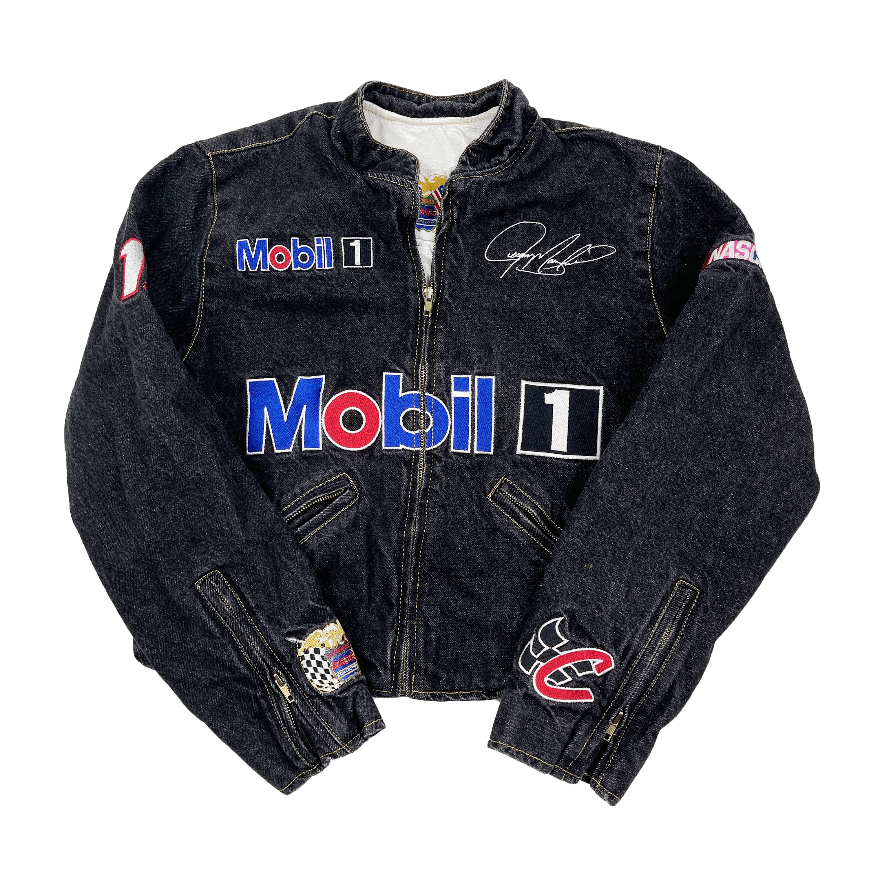 Vintage 90s Jeff Hamilton NASCAR Mobil 1 Racing Jacket Womens Large Vtg 1990s Retro Speedway Coat USA Race Car
