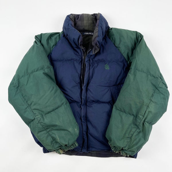 Vintage 90s Nautica Insulated Goose Down Reversible Puffer Jacket - Mens Medium | Vtg 1990s Retro Sailing Coat USA Hip Hop Streetwear |