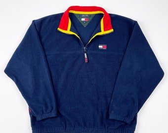 Vintage Tommy Hilfiger Fleece Pullover - Mens XL | Vtg 1990s Rare Navy Blue USA Fleecy Sweater 1/4 Zip