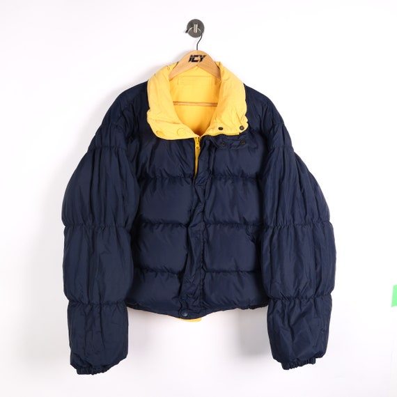 Vintage Nautica Down Filled Insulated Puffer Jacket / Mens 2XL / Rare Navy Blue Yellow Coat /