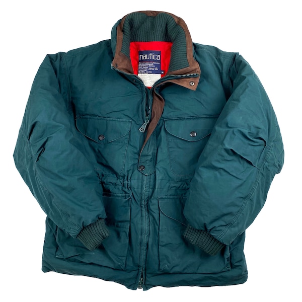 Vintage 90s Nautica Down Filled Puffer Jacket - Mens XL | Vtg 1990s Retro Forest Green Hip Hop Coat USA Rare | Free Shipping