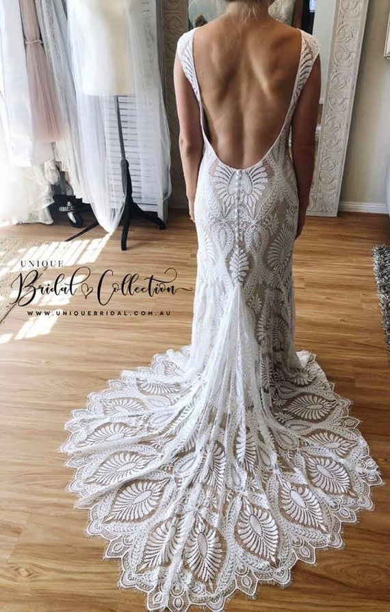 boat neck backless wedding dress