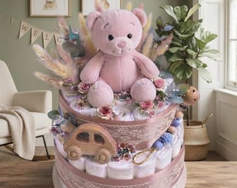 Pluche dieren luiertaart, cadeau babyshower meisje, uniek decor kinderkamer, handgemaakt babycadeau, gepersonaliseerd cadeau pasgeborene, elegant babycadeau
