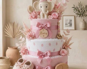 Personalized Boho Diaper Cake, Pink Baby Shower Gift, Newborn Keepsake Basket, Organic Cotton blankets