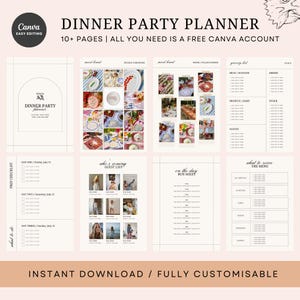 Op de afbeelding: Een printbare dinerpartyplanner met meer dan 10 pagina's. De planner bevat secties voor een voorbereidingschecklist, een gastenlijst, een draaiboek en een menu. De planner is aanpasbaar en kan worden gebruikt voor elk type dinerparty.