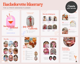 May include: A bachelorette party itinerary planner with a pink and orange color scheme. The planner includes a cover page with a cocktail glass and the text "bachelorette weekend", a page with the text "Meet the bridal party" and photos of women, a page with the text "The vibe" and photos of women in a group, a page with the text "Friday, July 20" and a list of activities, a page with the text "Outfit inspo" and photos of women in different outfits, and a page with the text "Restaurant reservations" and a list of restaurants.