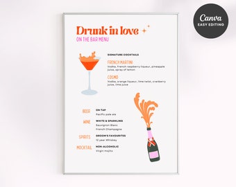 Puede incluir: Un menú de bar enmarcado titulado "Drunk in love" sobre un fondo blanco. El menú enumera cócteles, cerveza, vino, licores y cócteles sin alcohol. Se incluyen ilustraciones de un cóctel y una botella de champán.