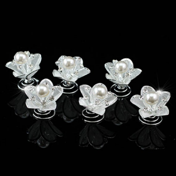 6 Crystal And Pearl Hair Twists Flowers For Hair Wedding Etsy