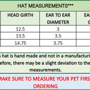 May include: A chart showing hat size measurements for pets. The chart includes head girth, ear to ear diameter, and ear hole girth in inches. The chart is labeled "HAT MEASUREMENTS***".
