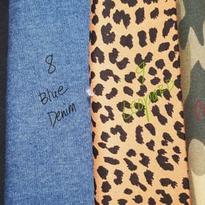 May include: Four fabric swatches, each with a different pattern and color. The swatches are labeled with numbers 7 through 10 and the names of the patterns: Black Denim, Blue Denim, Leopard, and Camouflage.