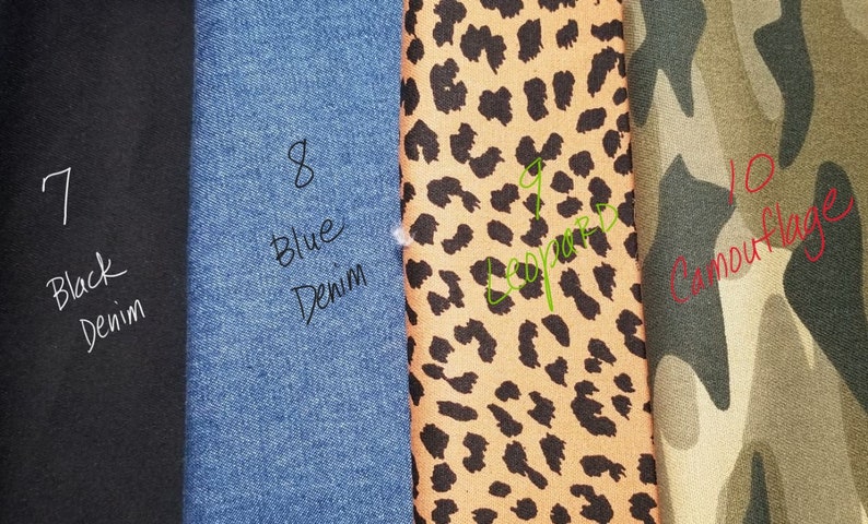May include: Four fabric swatches, each with a different pattern and color. The swatches are labeled with numbers 7 through 10 and the names of the patterns: Black Denim, Blue Denim, Leopard, and Camouflage.