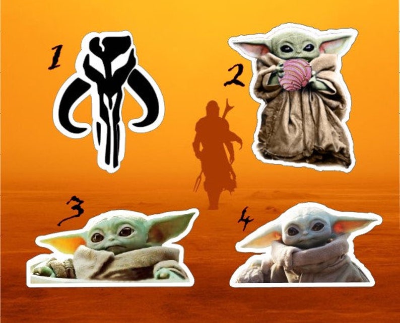 May include: Four stickers featuring characters from the Star Wars franchise. The first sticker is a black and white symbol of the Mandalorian. The second sticker is a green alien character with large ears, holding a pink object. The third and fourth stickers are the same green alien character, but in different poses.