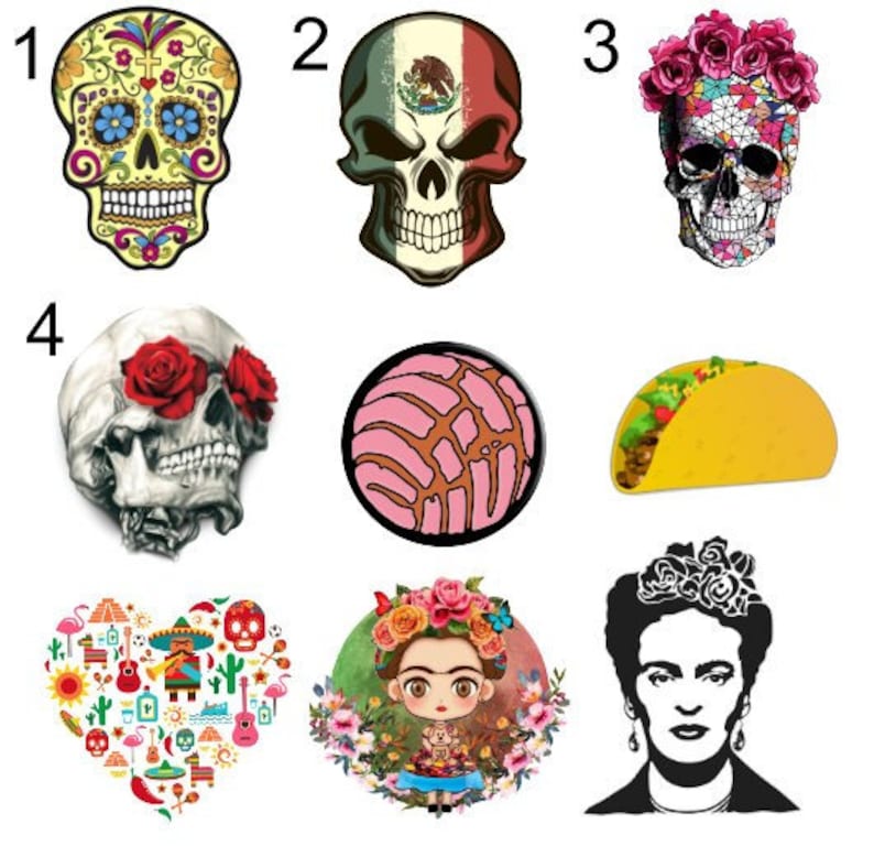 Peut inclure: Dix motifs color&eacute;s repr&eacute;sentant des ic&ocirc;nes culturelles mexicaines. Les motifs comprennent un cr&acirc;ne en sucre avec des d&eacute;tails floraux, un cr&acirc;ne avec le drapeau mexicain, un cr&acirc;ne avec une couronne de fleurs, un cr&acirc;ne avec une rose rouge, un pain concha rose, un taco jaune, un c&oelig;ur avec divers symboles mexicains et un portrait de Frida Kahlo.