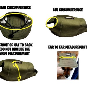 May include: Diagram showing how to measure a dog's head and ears for a green canvas dog hat.  The text reads "Head Circumference", "Ear Circumference", "Front of Hat to Back (Do Not Include the Brim Measurement)", and "Ear to Ear Measurement".