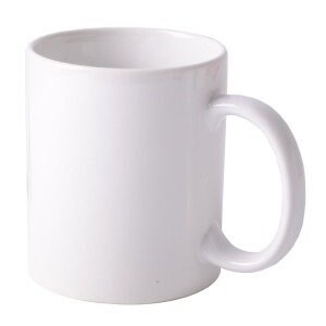 May include: A plain white ceramic mug with a rounded handle.