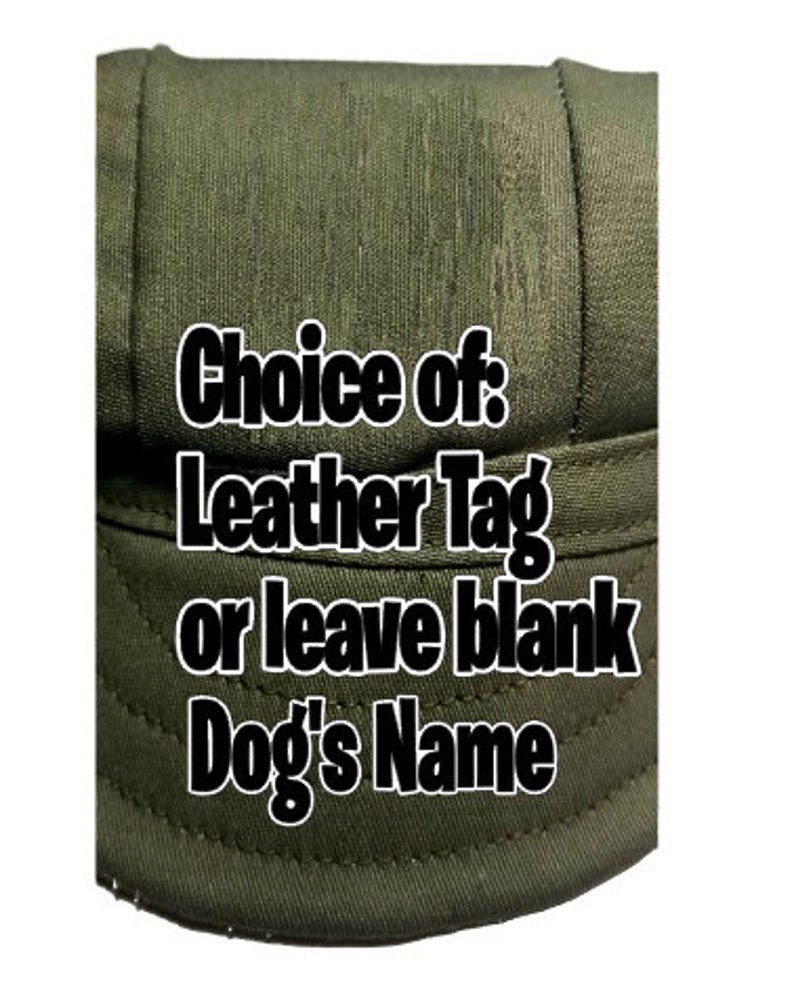 May include: A green canvas hat with the text "Choice of: Leather Tag or leave blank Dog's Name" printed on the front.