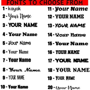 May include: A chart with 20 different font styles for names. The fonts are numbered 1 through 20. The word "kayak" is shown in the first font style. The word "Your Name" is shown in the remaining font styles.