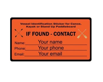 AUTOCOLLANT DE CONTACT PERSONNALISÉ - Décalcomanie d'urgence personnalisée - Etiquette de sécurité imperméable pour kayak, canoë et planche à pagaie