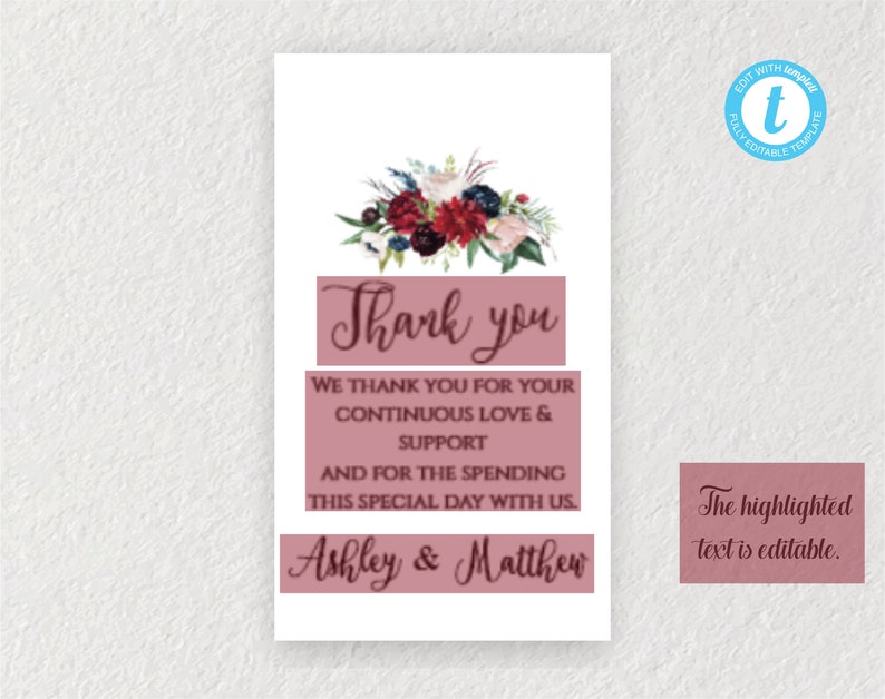 Wedding Favor Tag Template Wedding Tags INSTANT DOWNLOAD Navy Blush Floral 0101 Burgundy Thank You Favor Tag Editable Welcome Bag Label
