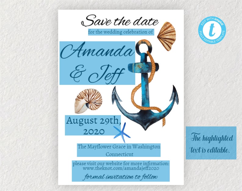 DIY Beach Save The Date Template INSTANT DOWNLOAD Destination Wedding Date Card Printable and Self-Editing Save the Date Invitation