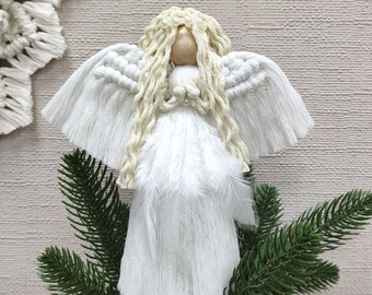 Adorno para la punta del árbol de Navidad, ángel de macramé blanco, ángel de macramé de pie, adorno para la punta del árbol de Navidad.