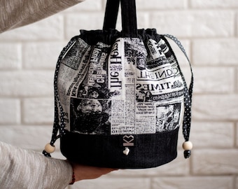 Bolsa para proyectos hecha a mano, tamaño mediano, bolsa para proyectos con cordón, regalo para tejedores, hecha en Ucrania