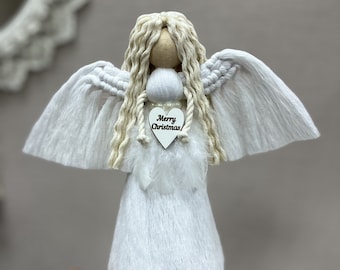 Adorno para árbol de Navidad hecho a mano, Feliz Navidad, adornos que acentúan la villa navideña moderna, ángel de macramé blanco, ángel de macramé de pie