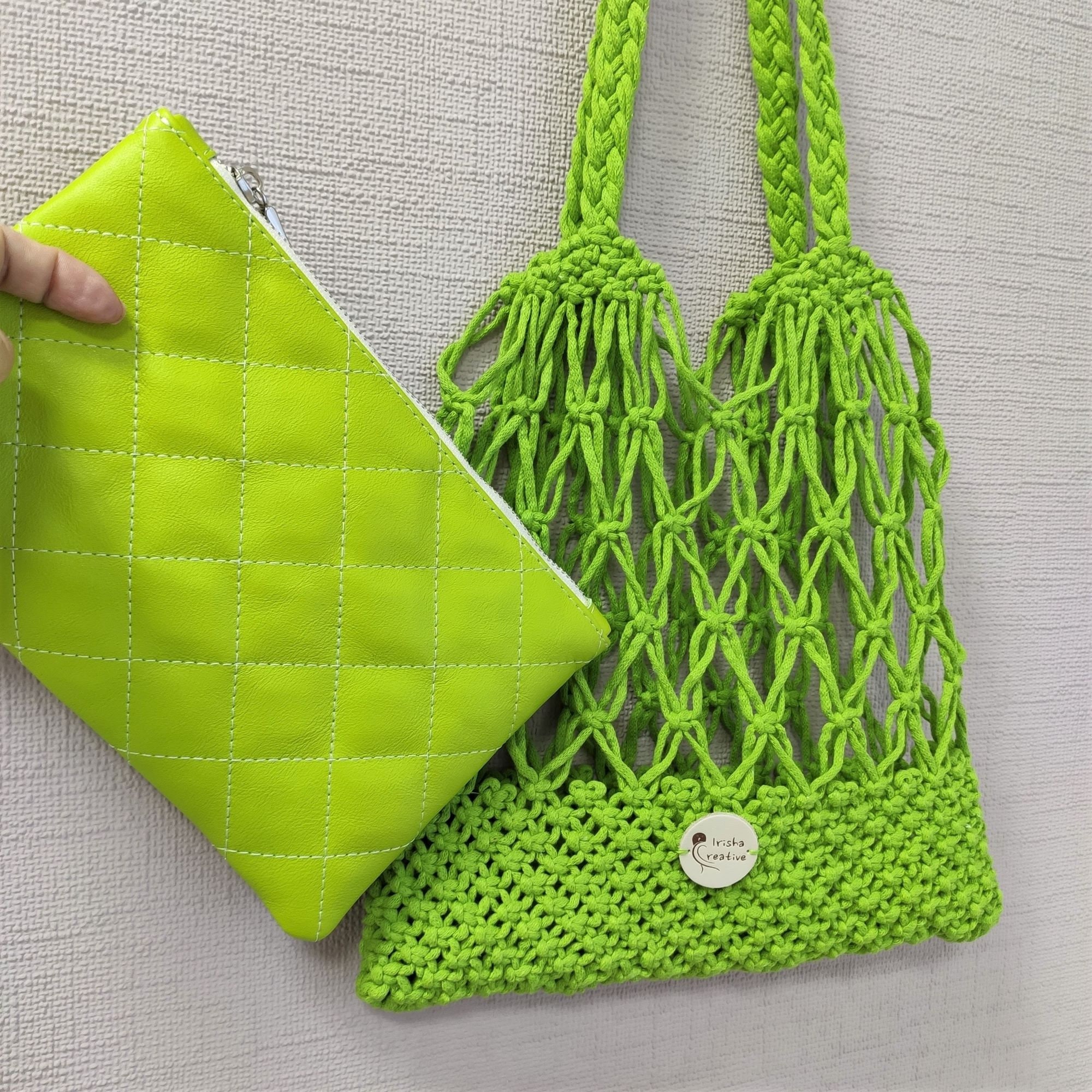Macrame string bag Mesh bag with leather bag inside quilted | Etsy