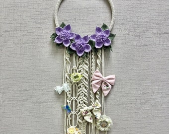 Lindo organizador de pinzas para el cabello con flores, decoración para habitación de niños, organizador de fotos de macramé, organizador de gafas de sol