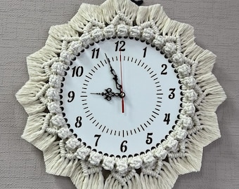 Horloge murale en macramé contreplaqué fabriquée à la main | Décoration d'intérieur bohème rustique