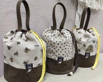 Handmade project bee bag medium size, drawstring project bag, bee bag, gift for knitter