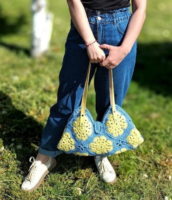 Knitted Hobo Summer Bag Granny Square Tote Bag Cute Tote Etsy