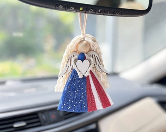 Llavero con bandera de EE. UU. y diseño de ángel adorable para automóvil. Lindo llavero con bandera patriótica de Estados Unidos para automóvil. Adornos para árboles de Navidad.