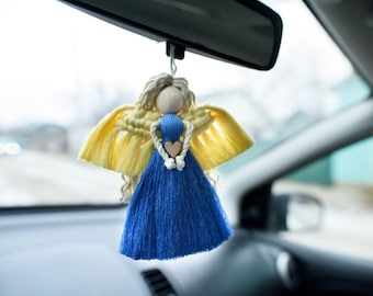 Llavero de macramé hecho a mano, dije para espejo de coche, lindo dije para llavero de coche, colgante para coche de Ucrania, bandera de Ucrania, bandera de Polonia