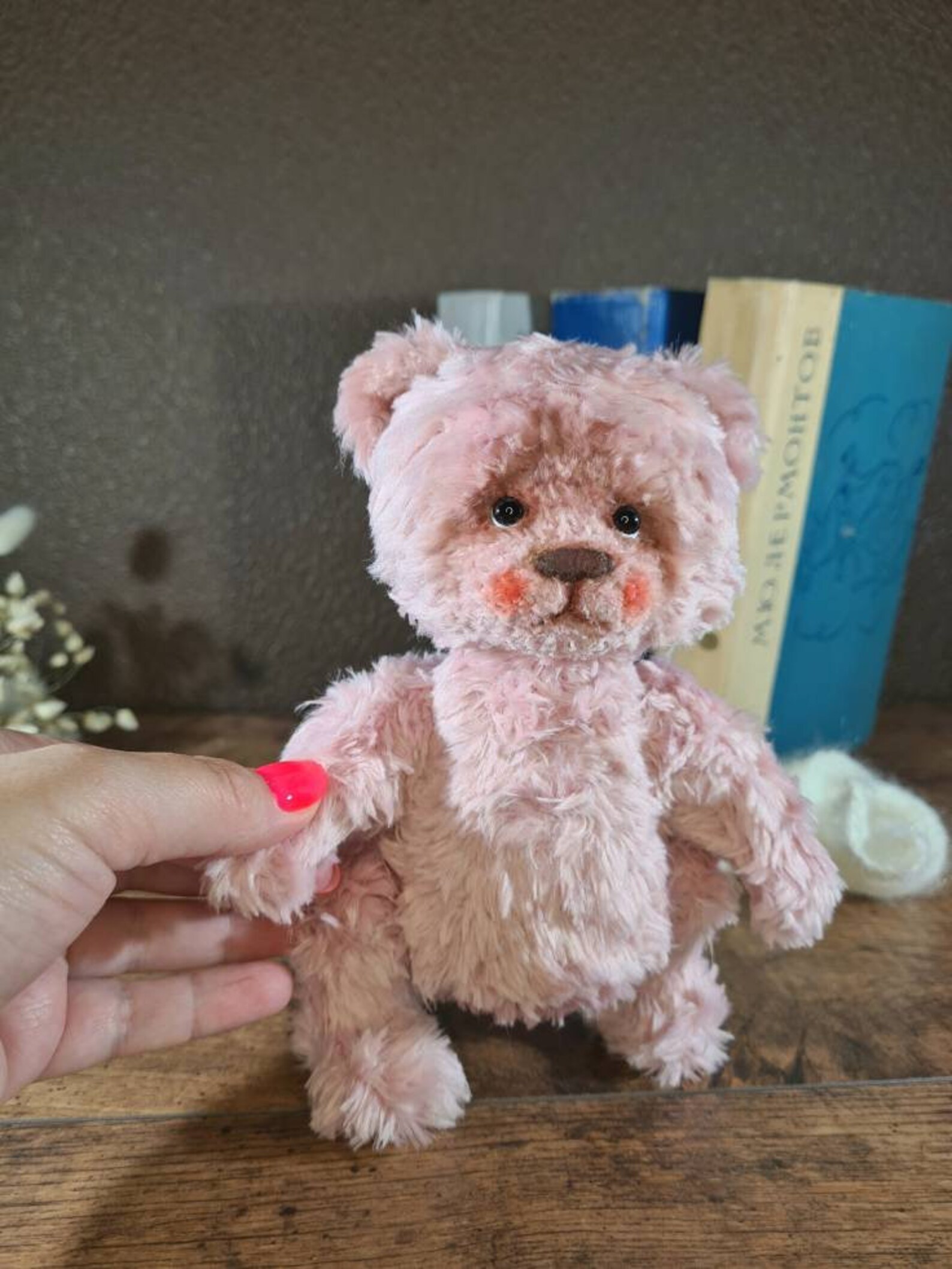 Fuzzy teddy bear in scarf pink bear christmas gift small | Etsy