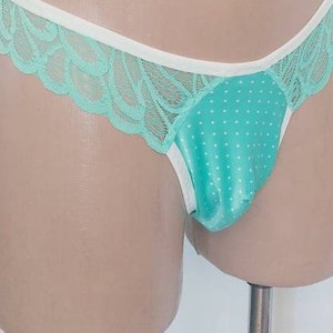 Men's Mint Satin Brazilian Briefs with Lace Back image 1