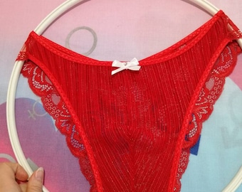 Men’s Red Lace Mesh Panties – Handmade Plus Size Bikini Bottom Underwear, Men’s Lingerie