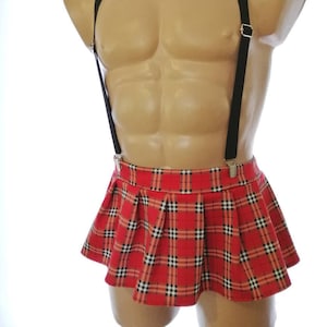 cosplay plaid skirt, pleated mini skirt, plaid skirt, plaid skirt, men's bow tie, custom suspenders, bow tie with suspenders, pleated skirt