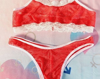 Men's Red Lace Bralette and Panty Set, Guipure Lingerie