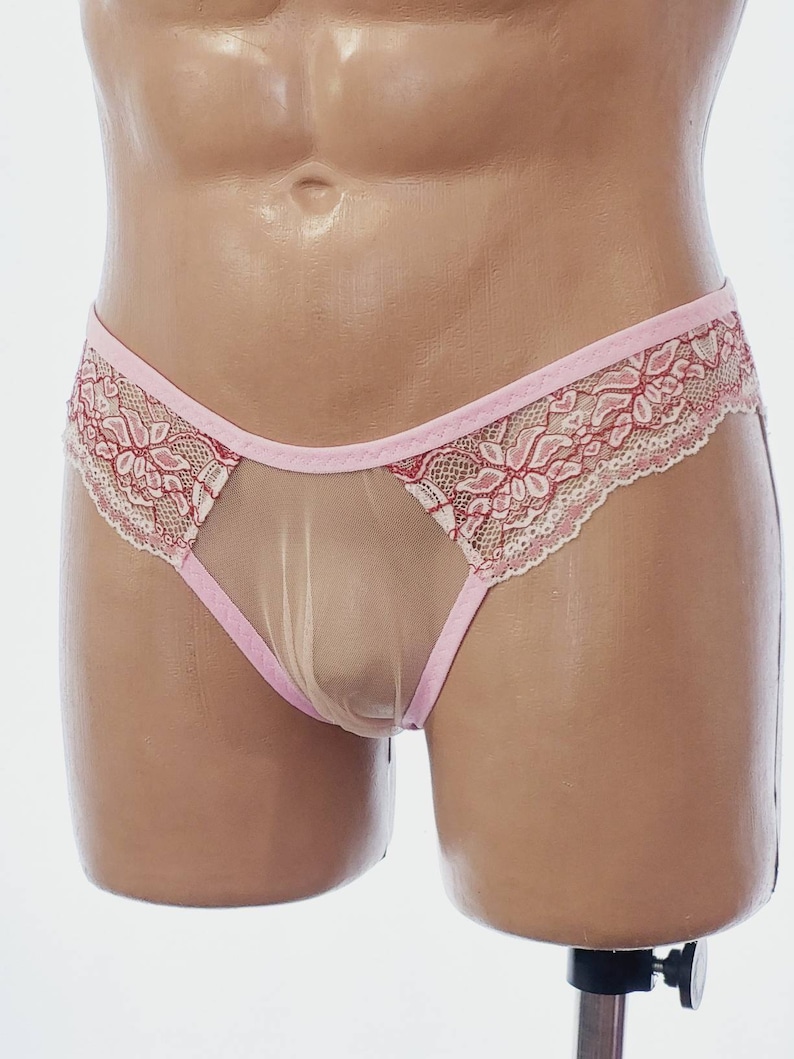 May include: Pink and white lace underwear with a sheer mesh panel. The underwear features a floral design.