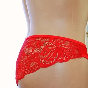 May include: Red lace underwear with a floral pattern.