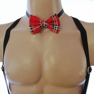 Puede incluir: Una pajarita roja y negra a cuadros con una correa ajustable negra.