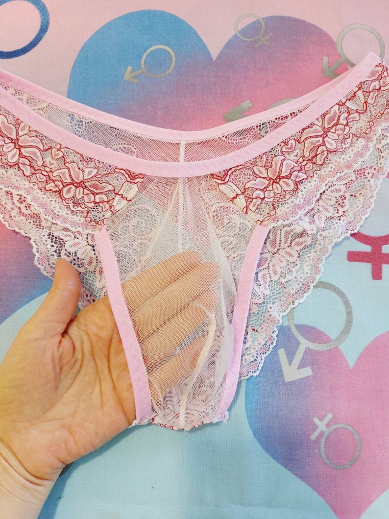 May include: Pink lace underwear with a white mesh lining and red floral embroidery.