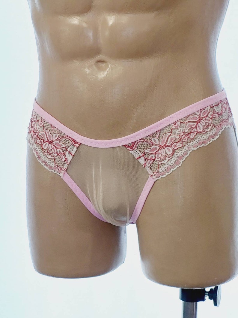May include: Pink and white lace underwear with a sheer mesh panel. The underwear features a delicate floral pattern.