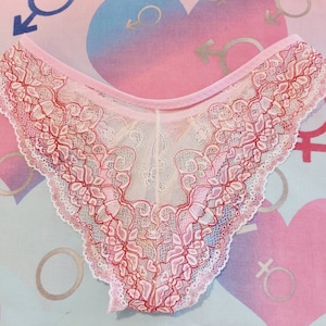 May include: Pink and white lace underwear with a floral design. The lace is delicate and has a scalloped edge.