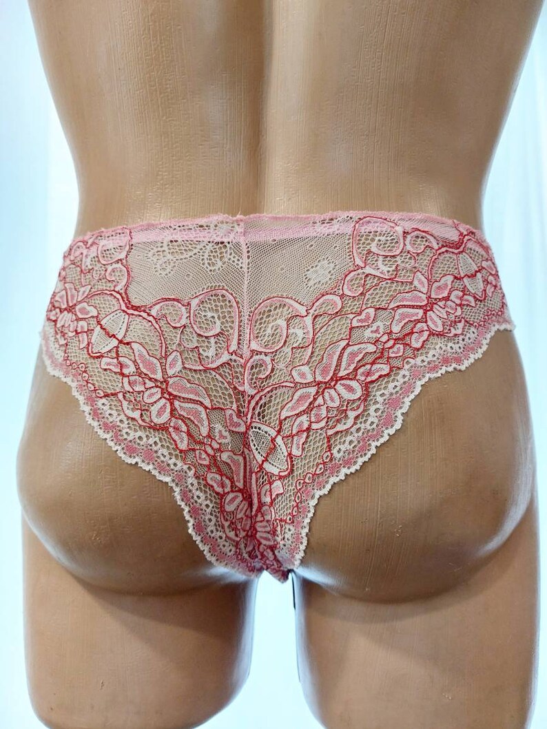 May include: Pink and red lace underwear with a floral design. The underwear features a delicate, intricate pattern and a scalloped edge. The garment is displayed on a mannequin.