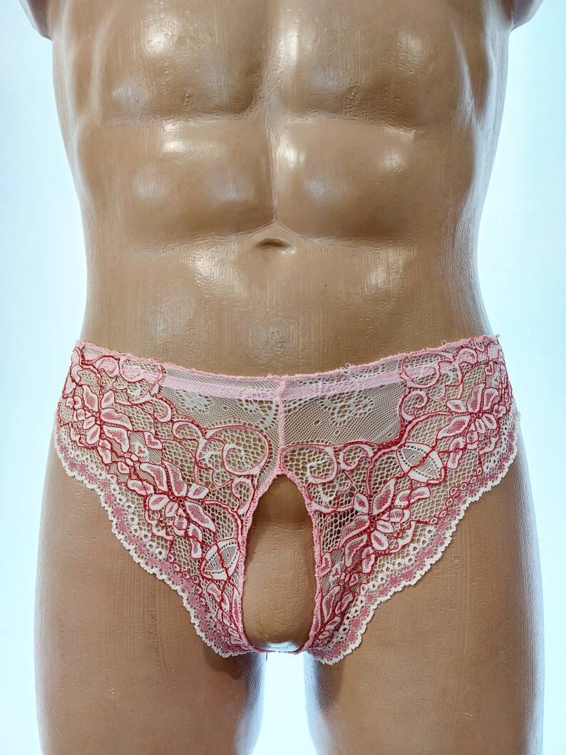 May include: Pink and red lace underwear with an open front design. The delicate floral lace trim and open design create a unique look. The underwear is displayed on a mannequin.