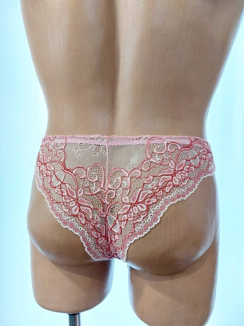 May include: Delicate pink and white lace underwear with a floral pattern. The briefs have a see-through design with a scalloped edge. The lace features red accents.