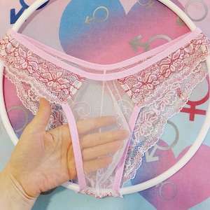 May include: Pink and white lace underwear with a sheer mesh panel. The underwear has a floral design and is hanging on a white hanger.