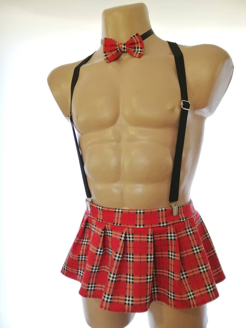Conjunto de falda a cuadros para cosplay de hombre, falda plisada con pajarita y tirantes, traje de festival hecho a mano. imagen 1